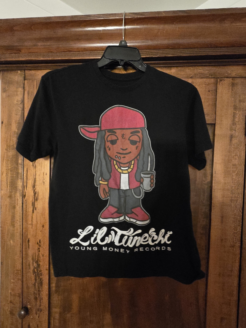 O Lil Wayne Tunechi Black Graphic Tee with Red Accents Medium